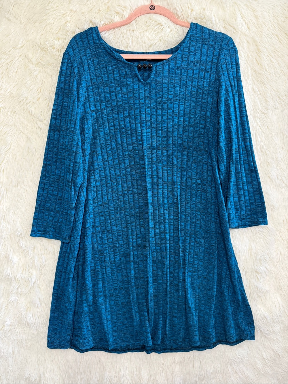 Juli Womens Ribbed Knit Tunic Top M/L Blue 3/4 Sleeve Modest Comfy Casual READ